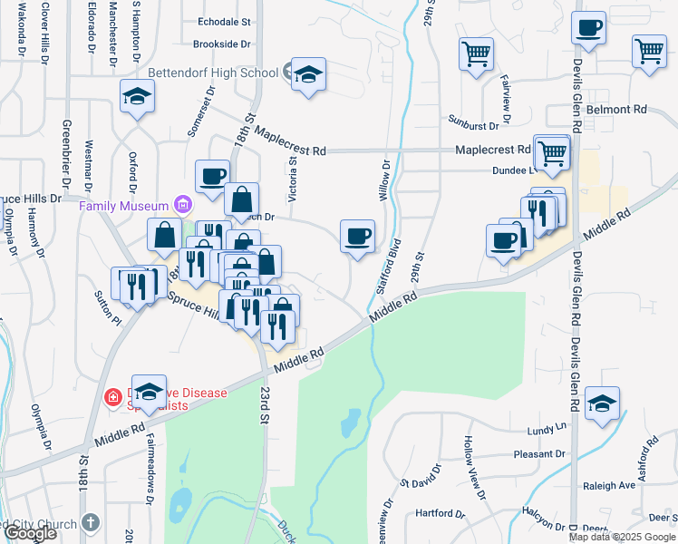 map of restaurants, bars, coffee shops, grocery stores, and more near 2740 Happy Joe Drive in Bettendorf