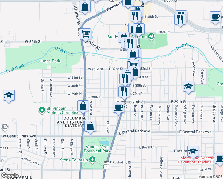 map of restaurants, bars, coffee shops, grocery stores, and more near 2909 Fair Avenue in Davenport