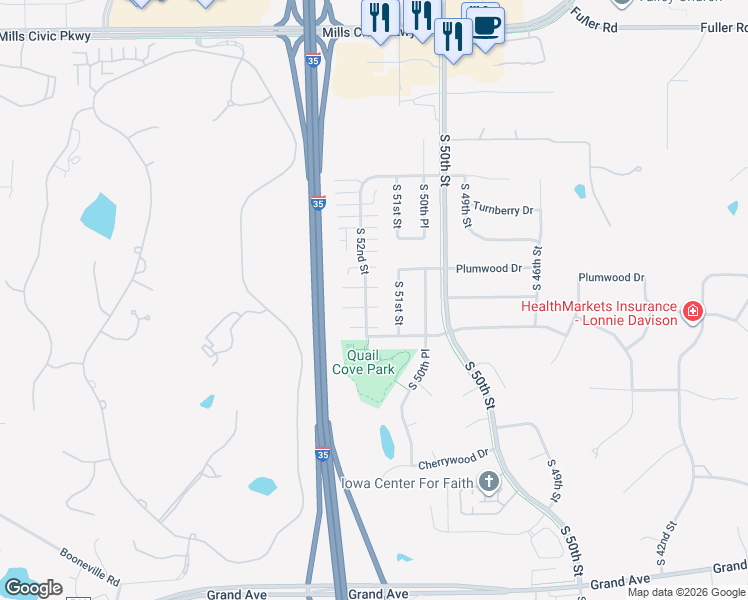 map of restaurants, bars, coffee shops, grocery stores, and more near 1400 South 52nd Street in West Des Moines