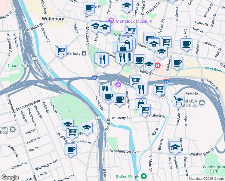 map of restaurants, bars, coffee shops, grocery stores, and more near 153 Meadow Street in Waterbury
