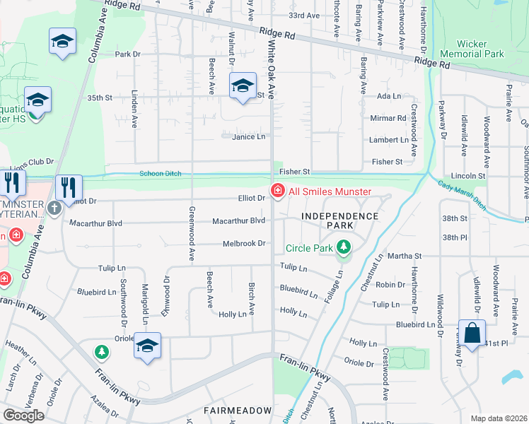 map of restaurants, bars, coffee shops, grocery stores, and more near 8952 White Oak Avenue in Munster