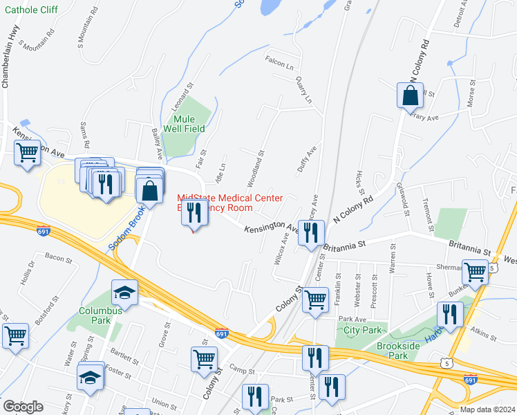 map of restaurants, bars, coffee shops, grocery stores, and more near 47 Hubbard Street in Meriden