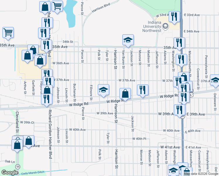 map of restaurants, bars, coffee shops, grocery stores, and more near 3772 Harrison Street in Gary