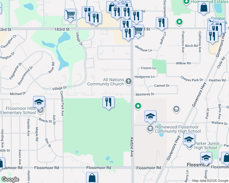 map of restaurants, bars, coffee shops, grocery stores, and more near 3217 Mallard Drive in Homewood