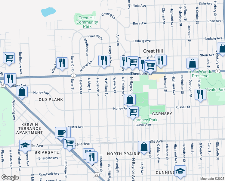 map of restaurants, bars, coffee shops, grocery stores, and more near 1422 Waverly Place in Joliet