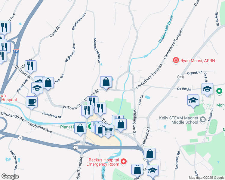 map of restaurants, bars, coffee shops, grocery stores, and more near 34 East Town Street in Norwich