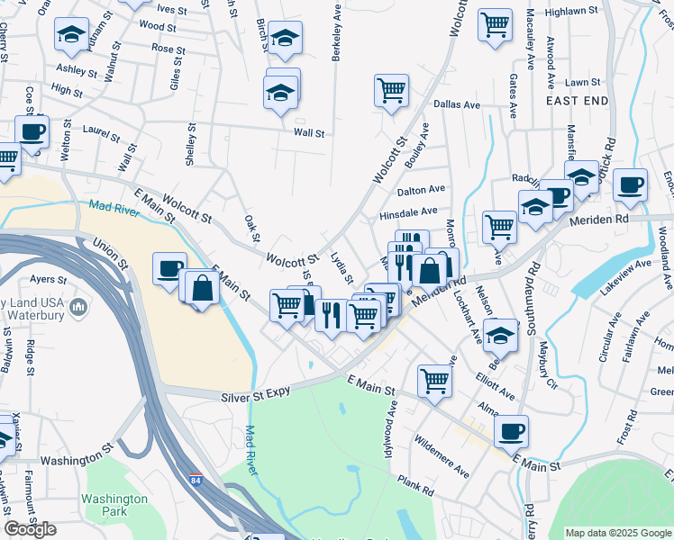 map of restaurants, bars, coffee shops, grocery stores, and more near 64 Niagara Street in Waterbury