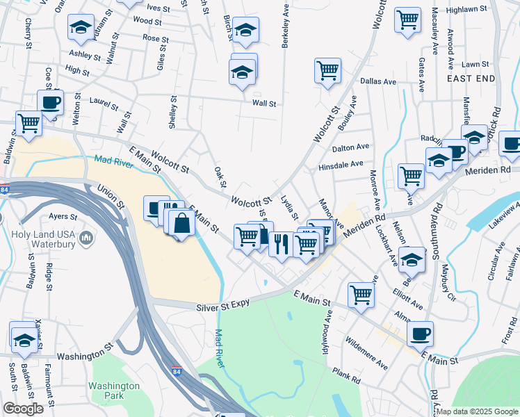 map of restaurants, bars, coffee shops, grocery stores, and more near 43 Orchard Street in Waterbury