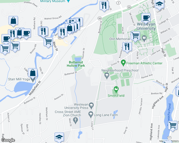 map of restaurants, bars, coffee shops, grocery stores, and more near 12 Butternut Knoll in Middletown