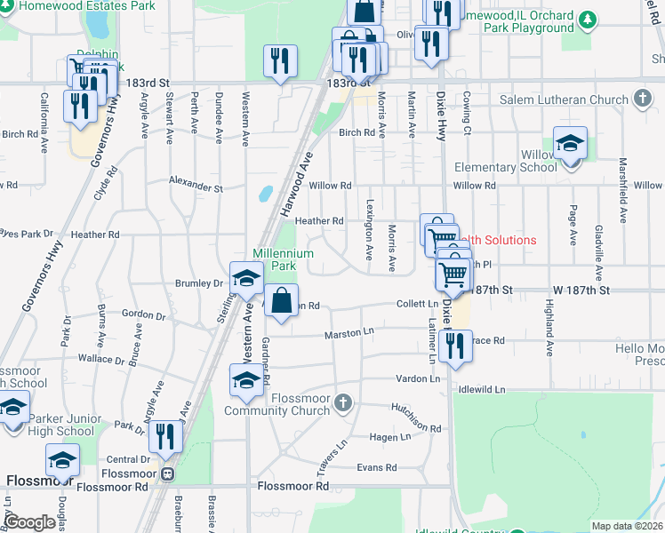 map of restaurants, bars, coffee shops, grocery stores, and more near 2219 Downey Road in Homewood