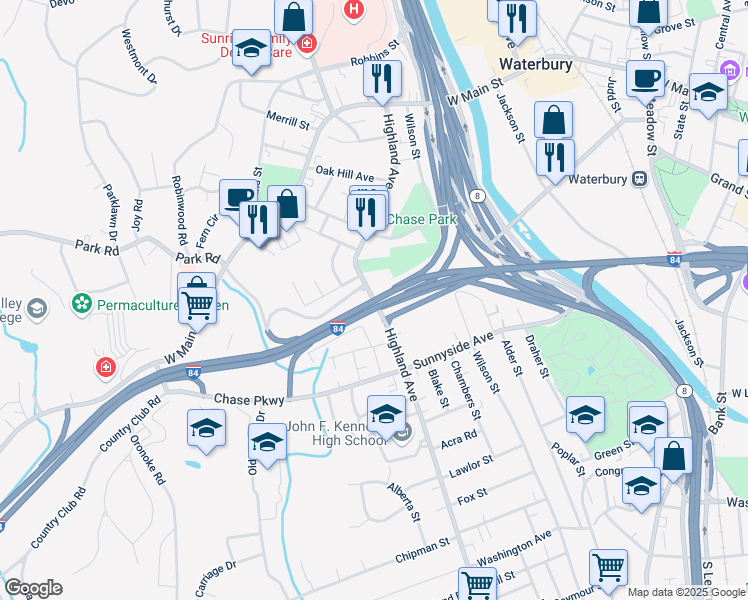 map of restaurants, bars, coffee shops, grocery stores, and more near 261 Highland Avenue in Waterbury
