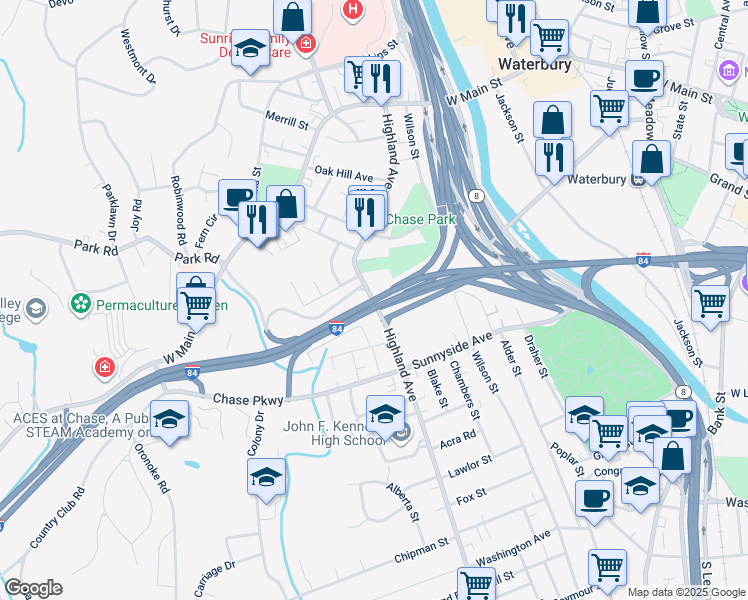 map of restaurants, bars, coffee shops, grocery stores, and more near 261 Highland Avenue in Waterbury