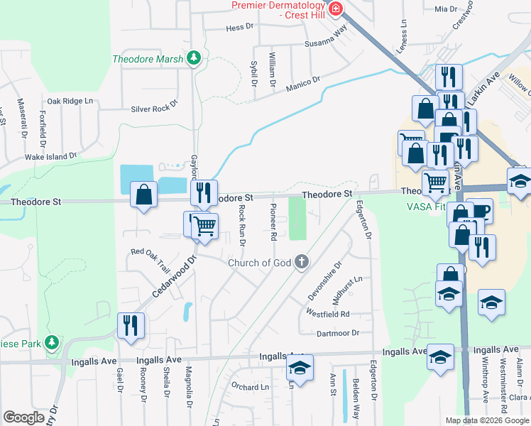 map of restaurants, bars, coffee shops, grocery stores, and more near 1510 Pioneer Road in Crest Hill