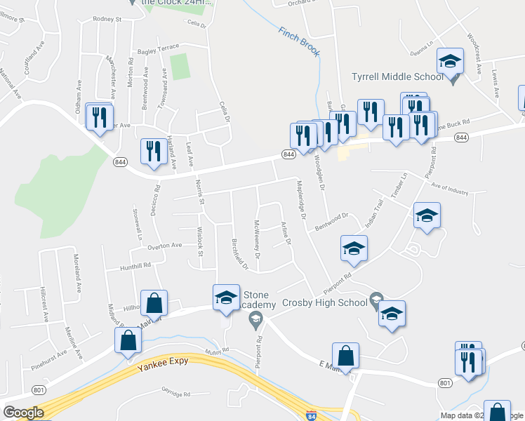 map of restaurants, bars, coffee shops, grocery stores, and more near 134 McWeeney Drive in Waterbury