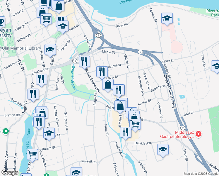 map of restaurants, bars, coffee shops, grocery stores, and more near 227 East Main Street in Middletown