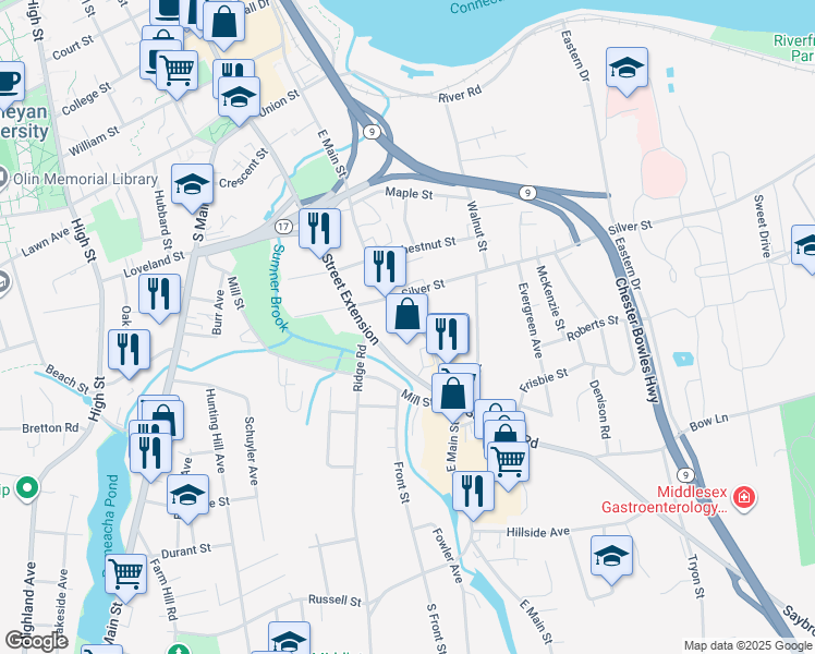 map of restaurants, bars, coffee shops, grocery stores, and more near 227 East Main Street in Middletown
