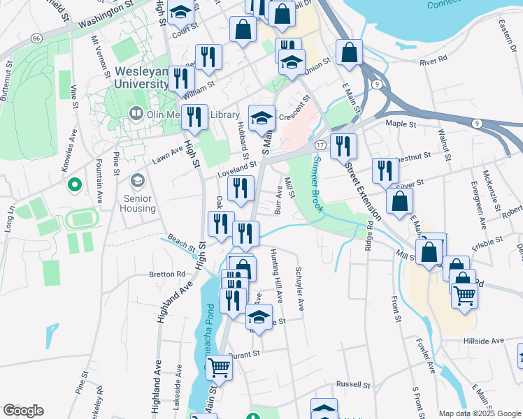 map of restaurants, bars, coffee shops, grocery stores, and more near 82 Burr Avenue in Middletown