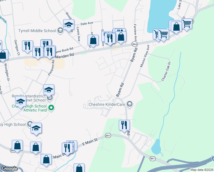 map of restaurants, bars, coffee shops, grocery stores, and more near 357 Hitchcock Road in Waterbury