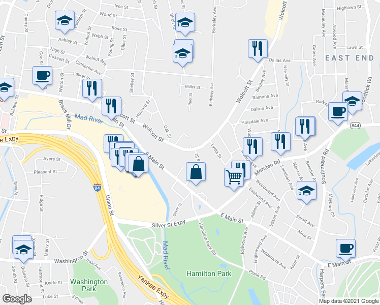 map of restaurants, bars, coffee shops, grocery stores, and more near 43 Orchard Street in Waterbury