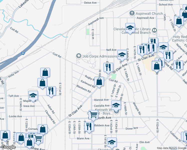 map of restaurants, bars, coffee shops, grocery stores, and more near 13814 Rugby Road in Cleveland