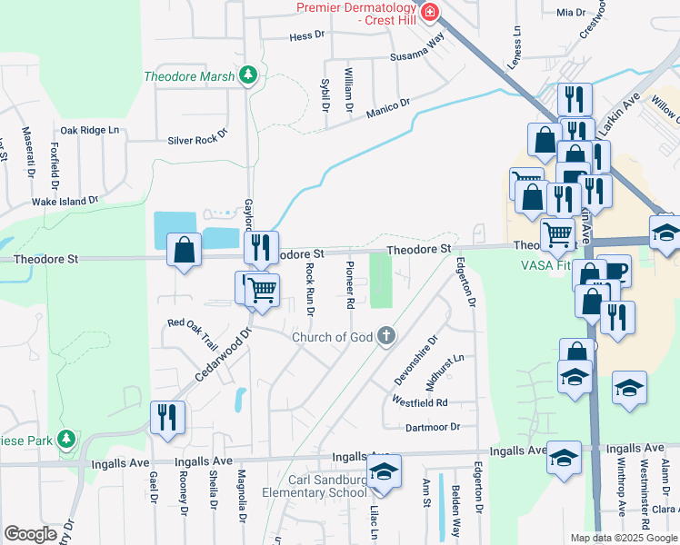 map of restaurants, bars, coffee shops, grocery stores, and more near 1510 Pioneer Road in Crest Hill