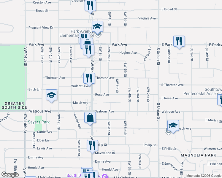 map of restaurants, bars, coffee shops, grocery stores, and more near 611 Rose Avenue in Des Moines