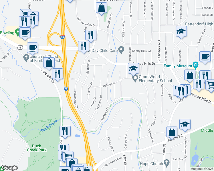 map of restaurants, bars, coffee shops, grocery stores, and more near 2801 Greenway Drive in Bettendorf