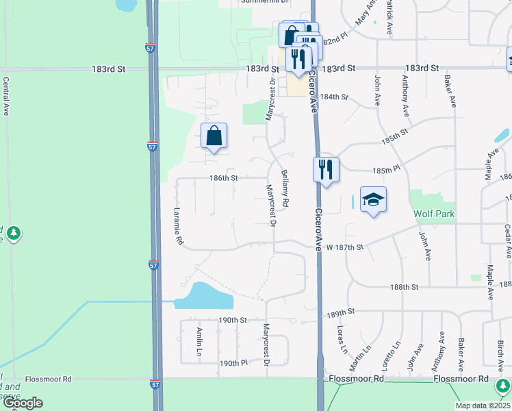 map of restaurants, bars, coffee shops, grocery stores, and more near 4920 Crest Court in Country Club Hills