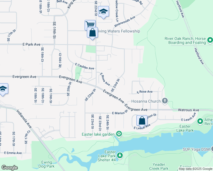 map of restaurants, bars, coffee shops, grocery stores, and more near 2224 Evergreen Avenue in Des Moines