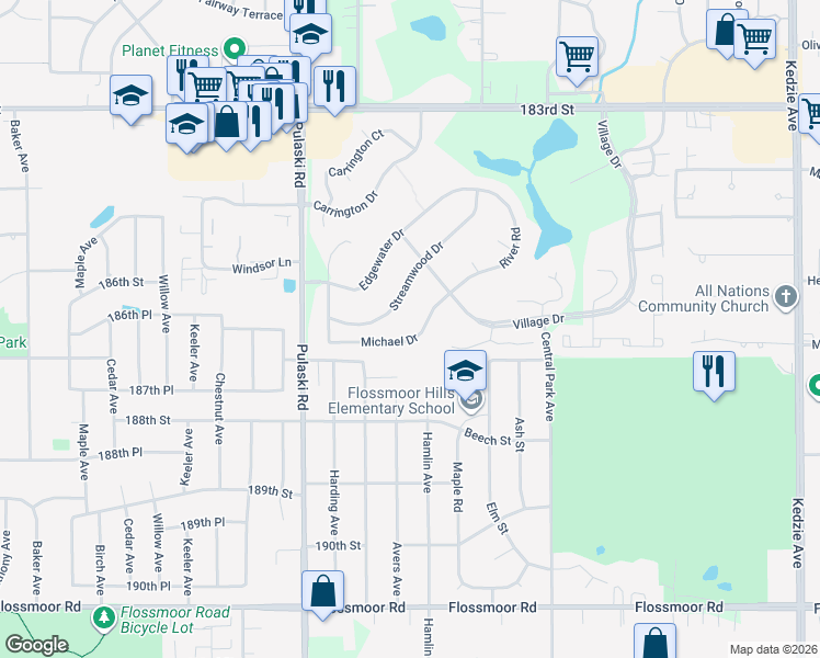 map of restaurants, bars, coffee shops, grocery stores, and more near 3803 River Road in Hazel Crest