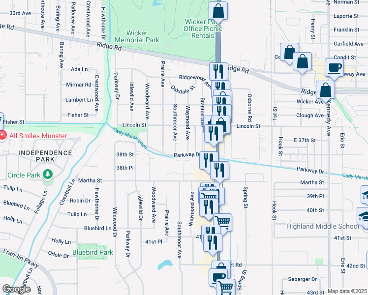 map of restaurants, bars, coffee shops, grocery stores, and more near 2313-2399 Bordeau Walk in Highland