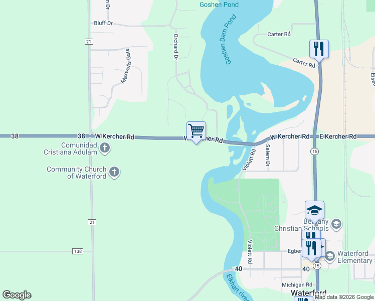 map of restaurants, bars, coffee shops, grocery stores, and more near 19552 West Kercher Road in Goshen
