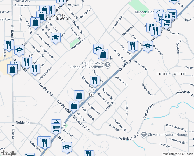 map of restaurants, bars, coffee shops, grocery stores, and more near 17121 Euclid Avenue in Cleveland