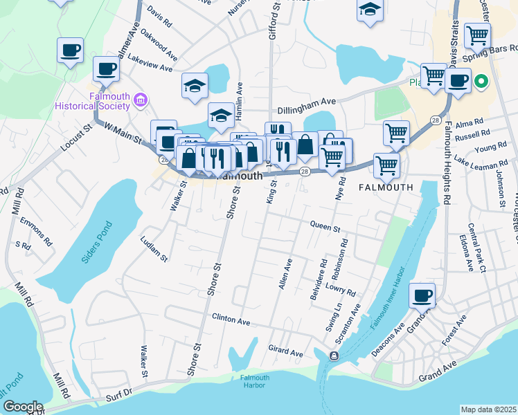 map of restaurants, bars, coffee shops, grocery stores, and more near 82 King Street in Falmouth
