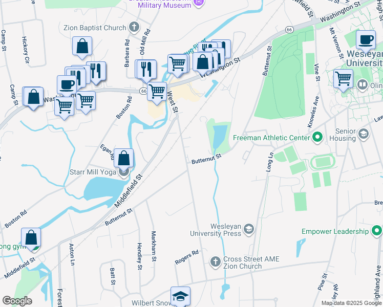 map of restaurants, bars, coffee shops, grocery stores, and more near 187 West Street in Middletown