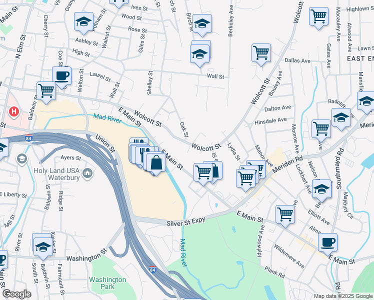map of restaurants, bars, coffee shops, grocery stores, and more near 1161 East Main Street in Waterbury