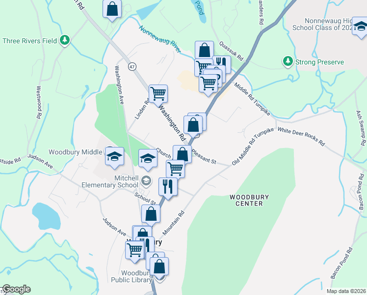 map of restaurants, bars, coffee shops, grocery stores, and more near 4 Church Street in Woodbury
