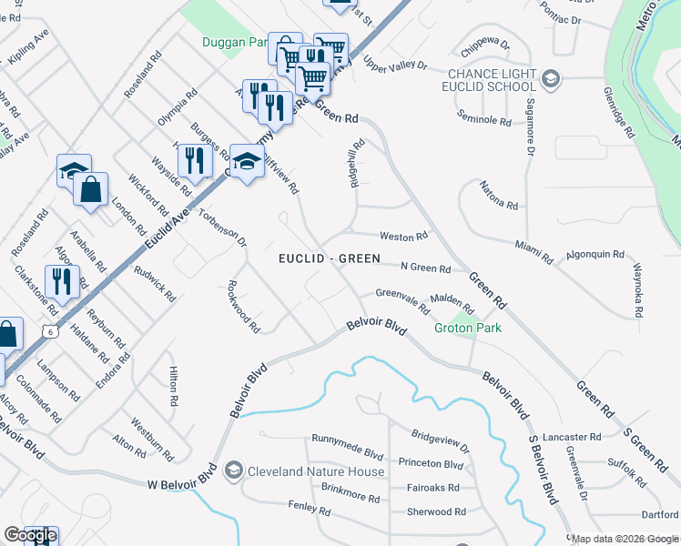map of restaurants, bars, coffee shops, grocery stores, and more near 2024 Cliffview Road in Cleveland