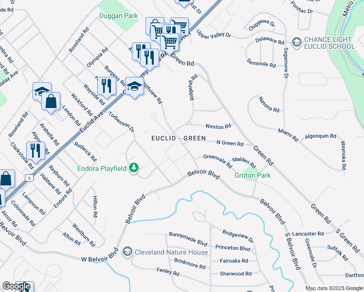 map of restaurants, bars, coffee shops, grocery stores, and more near 2024 Cliffview Road in Cleveland