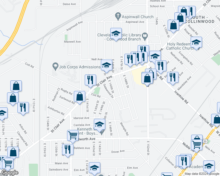 map of restaurants, bars, coffee shops, grocery stores, and more near 1064 East 145th Street in Cleveland