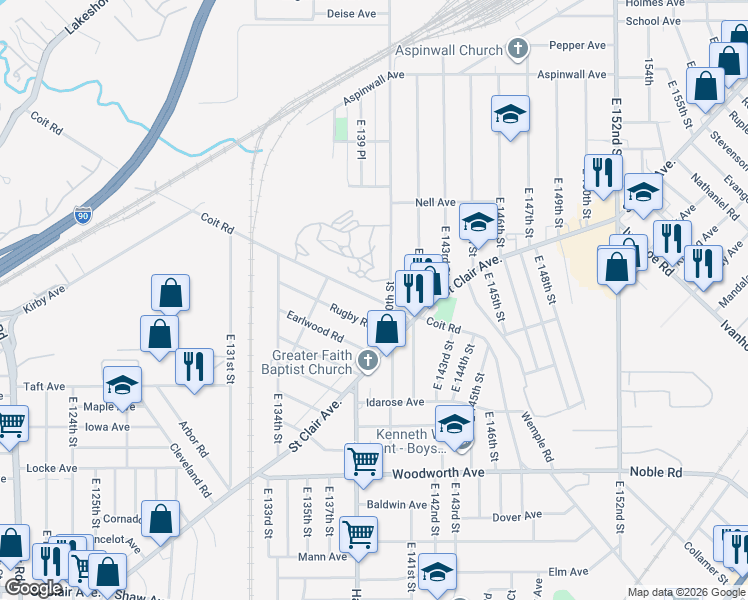 map of restaurants, bars, coffee shops, grocery stores, and more near 13814 Rugby Road in Cleveland