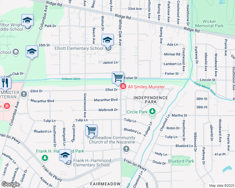map of restaurants, bars, coffee shops, grocery stores, and more near 1548 Macarthur Boulevard in Munster