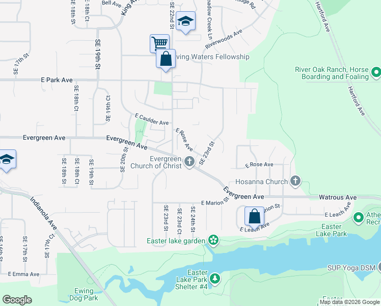 map of restaurants, bars, coffee shops, grocery stores, and more near 2224 Evergreen Avenue in Des Moines