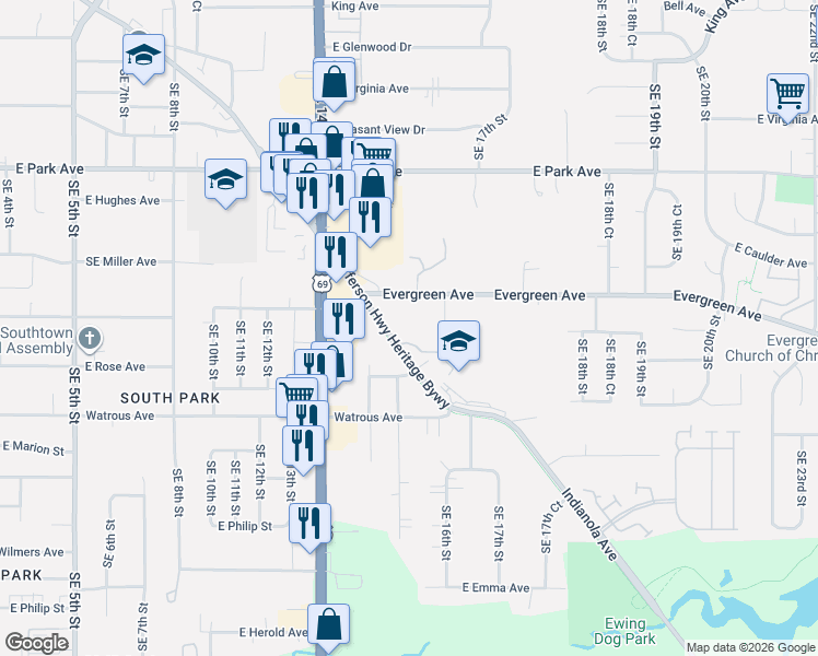 map of restaurants, bars, coffee shops, grocery stores, and more near 3730 Indianola Avenue in Des Moines
