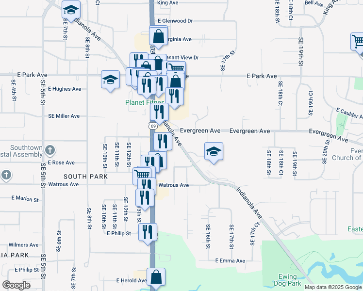 map of restaurants, bars, coffee shops, grocery stores, and more near 3730 Indianola Avenue in Des Moines