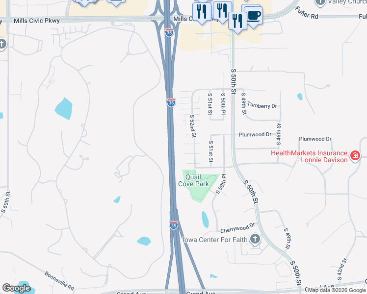 map of restaurants, bars, coffee shops, grocery stores, and more near 39 South 52nd Street in West Des Moines