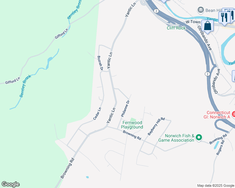 map of restaurants, bars, coffee shops, grocery stores, and more near 167 Yantic Lane in Norwich