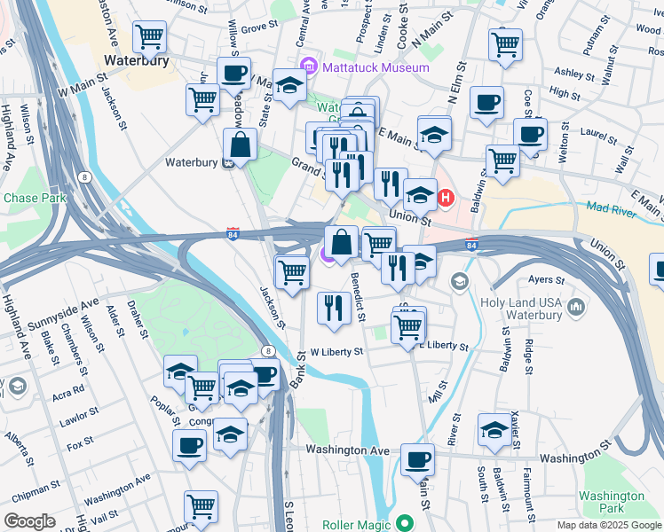 map of restaurants, bars, coffee shops, grocery stores, and more near 153 Meadow Street in Waterbury