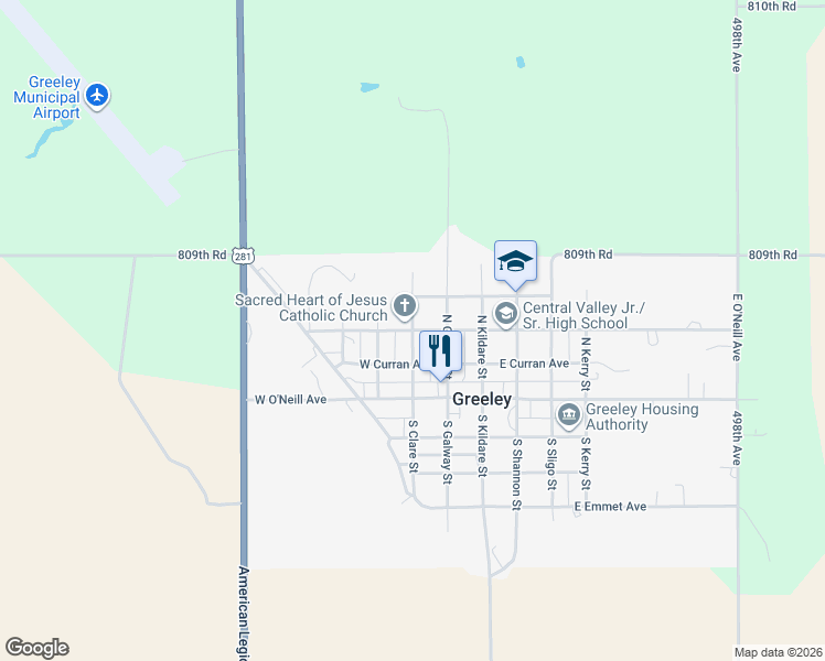 map of restaurants, bars, coffee shops, grocery stores, and more near 203 North Clare Street in Greeley