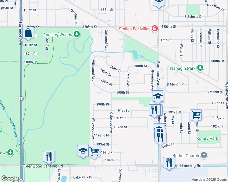 map of restaurants, bars, coffee shops, grocery stores, and more near 2938 190th Street in Lansing